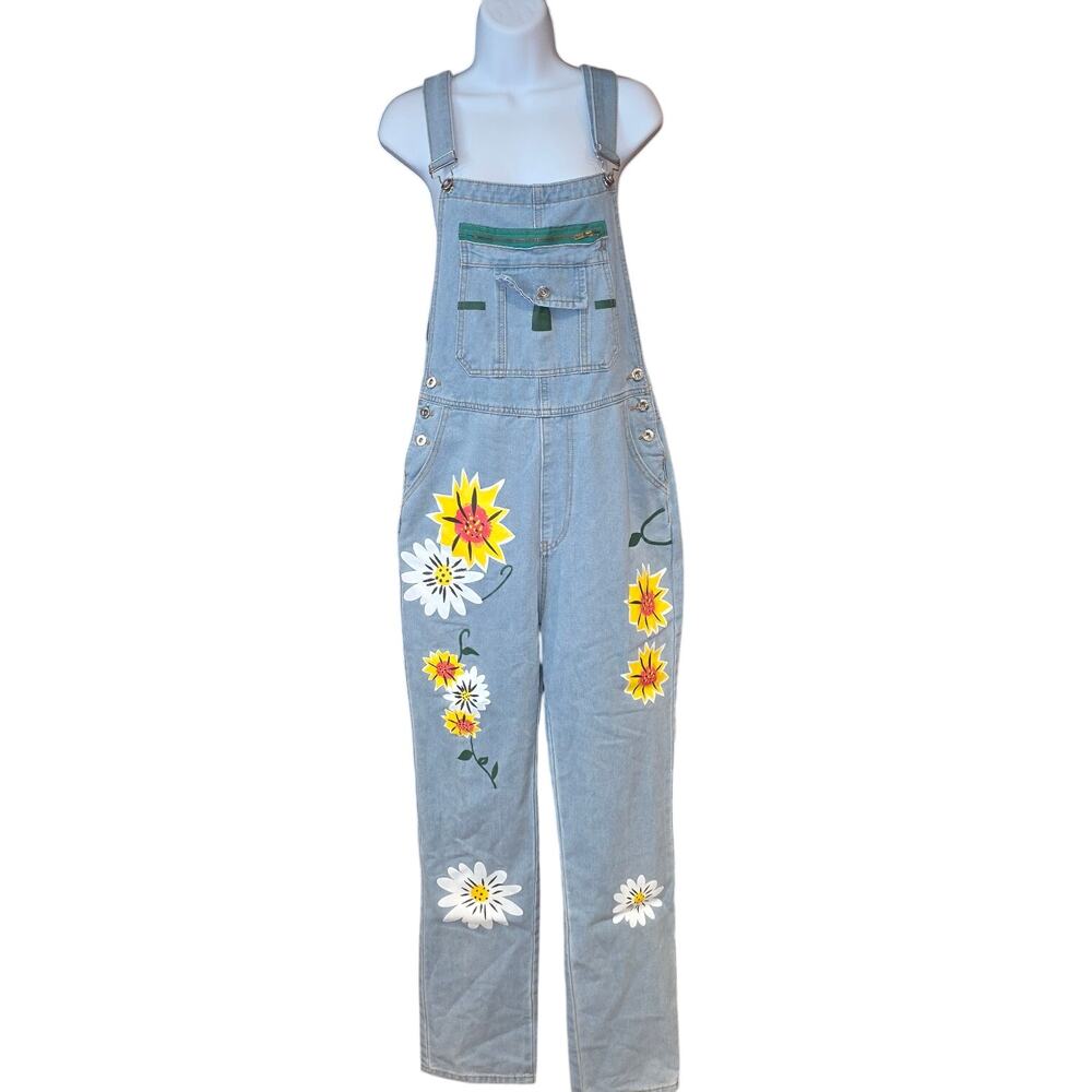 NWOT‎ Misslook Painted Flower boho denim bibs overalls sz L